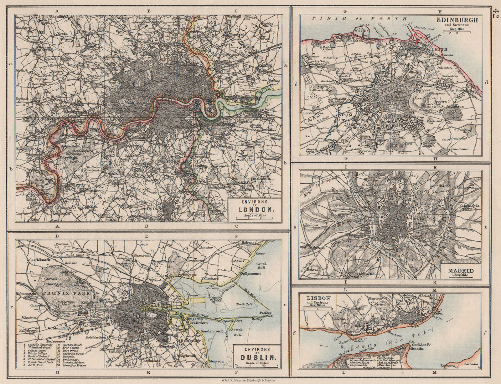 EUROPEAN CITIES. London Edinburgh Madrid Lisbon Dublin. JOHNSTON 1900 old map